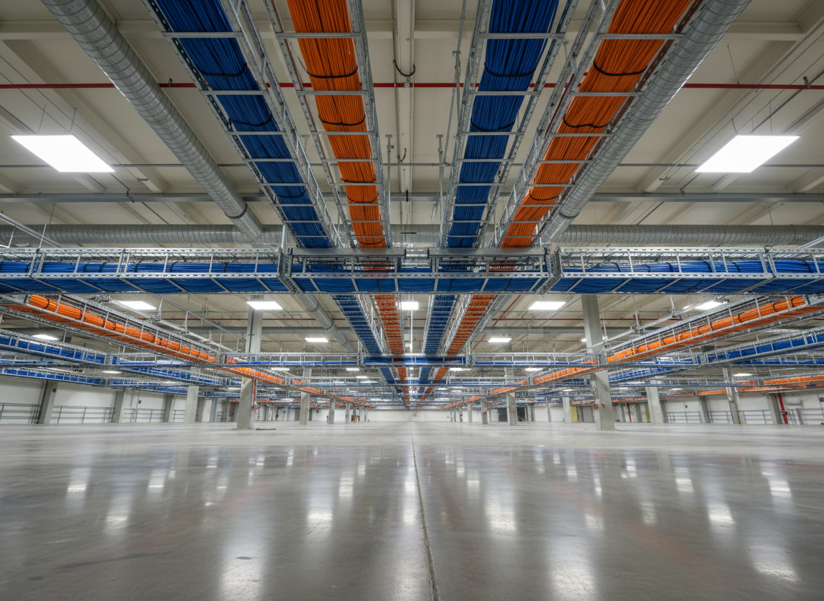 An industrial facility low-voltage cabling run suspended above a polished concrete factory floor. Heavy-duty cable trays carry organized bundles of low-voltage data and control cables in orange, blue, and gray sheathing, all secured with black ties and arranged in parallel lines. The steel support structure and exposed ductwork form a clean, intentional grid overhead. Bright, neutral high-bay LED fixtures cast clear, even light, accentuating the textures of metal, cables, and concrete. Captured from a low, upward-looking angle along the cable tray’s length, with strong leading lines and crisp focus, the photographic image conveys robustness, scalability, and engineered order in harsh environments.