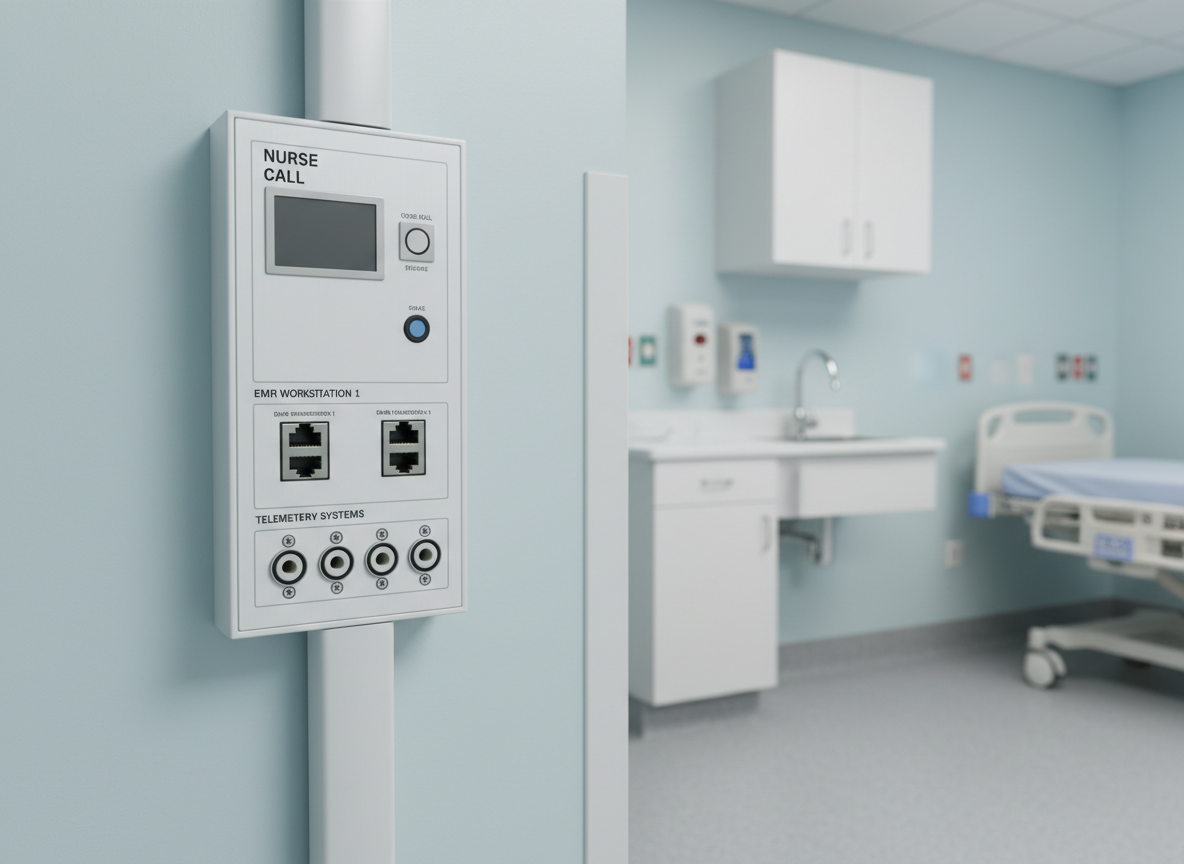 A healthcare-focused low-voltage installation in a clinical environment, featuring a clean white wall plate with multiple low-voltage data and AV ports, labeled for nurse call, EMR workstation, and telemetry systems. The plate is mounted on a pristine light-blue wall above a scrub-friendly, seamless vinyl floor, with surface-mounted raceway neatly running vertically, color-matched to the wall. Soft, diffused hospital-grade overhead lighting produces minimal shadows and a hygienic feel. Photographed at a slight side angle with moderate depth of field, the image balances the detailed plate in focus against a gently blurred backdrop of medical casework, emphasizing reliability, compliance, and cleanliness in a photographic realism style.