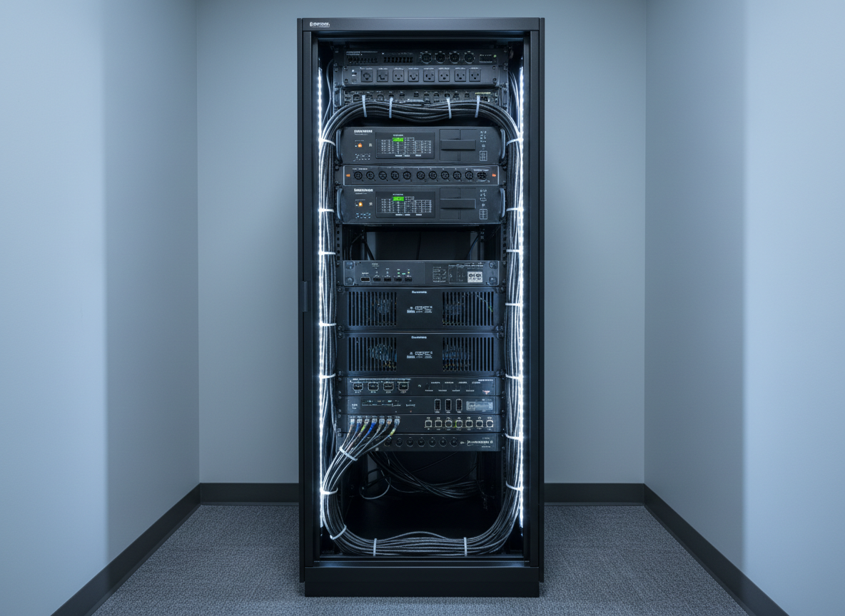 A professional audiovisual rack installation in a corporate AV closet, with neatly stacked black equipment: matrix switchers, amplifiers, AV-over-IP encoders, and a power conditioner, all enclosed in a vented floor-standing rack. Low-voltage cabling is carefully dressed along vertical cable managers, with structured HDMI, audio, and network cables routed in disciplined curves. Soft, cool-toned LED strip lighting installed along the rack door frame highlights the equipment faces and status indicators, creating a focused yet calm atmosphere. Shot straight-on at eye level with sharp focus, the photographic, modern aesthetic conveys engineered reliability, organization, and high standards of workmanship for AV solutions.