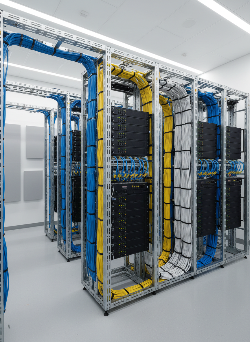 A meticulously organized server room showcasing neatly bundled low-voltage structured cabling in vibrant blue, yellow, and white, feeding into labeled patch panels and sleek black network switches mounted in a tall open rack. The equipment stands on a spotless gray epoxy floor against a clean white wall with subtle acoustic panels. Cool, even LED overhead lighting casts crisp, minimal shadows, emphasizing order and reliability. Photographed at eye level with sharp focus throughout, the composition follows clean horizontal and vertical lines, conveying professionalism, stability, and technical precision in a photographic realism style suitable for a modern business website.