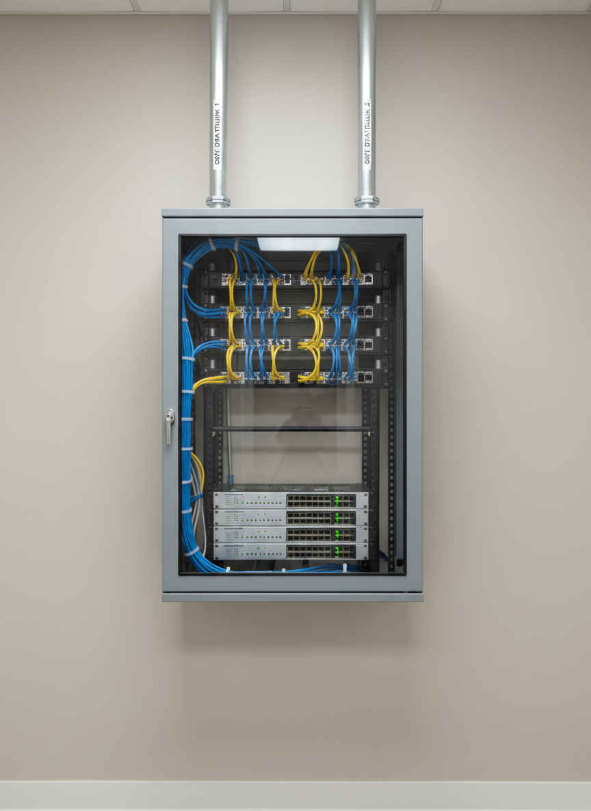A government or municipal network operations corner showcasing a compact yet sophisticated wall-mounted rack enclosure with a locking glass door. Inside, structured cabling is terminates into patch panels and compact switches, with cable management bars keeping everything meticulously routed. The enclosure is mounted on a light neutral wall above a baseboard, with labeled conduit entering from the ceiling. Balanced, cool office lighting provides even illumination without hotspots. Photographed straight-on with a slight wide-angle lens to capture the full enclosure and surrounding wall, the composition feels orderly, secure, and compliant, reinforcing a sense of controlled infrastructure in a photographic, professional style.