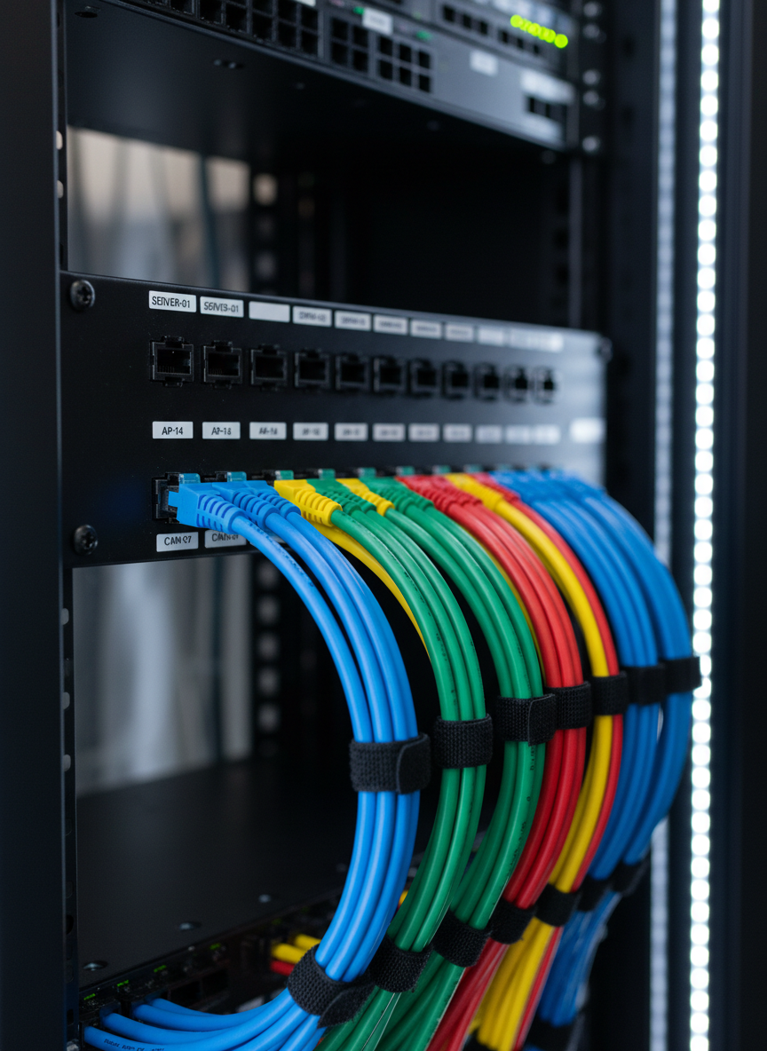 A close-up, photographic realism shot of a structured cabling installation featuring perfectly aligned Cat6A cables in color-coded bundles entering a black metal patch panel. Each port is clearly labeled with crisp white tags, and the cables are secured with black Velcro straps for a clean, professional look. The background fades into a soft bokeh of blurred equipment racks. Cool, diffused rack lighting creates subtle reflections on the metal and plastic surfaces without glare. Captured from a slightly angled, macro-style perspective with shallow depth of field, the mood conveys meticulous craftsmanship, attention to detail, and dependable infrastructure for mission-critical networks.