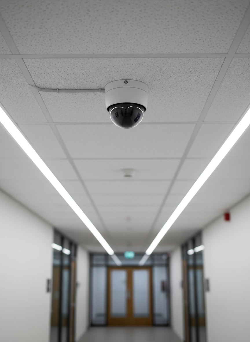 A modern commercial security CCTV setup mounted in a bright, professionally finished corridor. A compact, white dome camera with a tinted lens housing is installed on a smooth, light gray ceiling tile, with low-voltage cabling cleverly concealed in matching raceways along the ceiling grid. Daylight-balanced LED fixtures cast soft, even illumination without harsh shadows, creating clear visibility of architectural lines and doors in the distance. Shot from a slightly low angle, the composition emphasizes the camera in sharp focus while the corridor gently blurs into the background, communicating vigilant, unobtrusive, and reliable protection in a clean, photographic style.