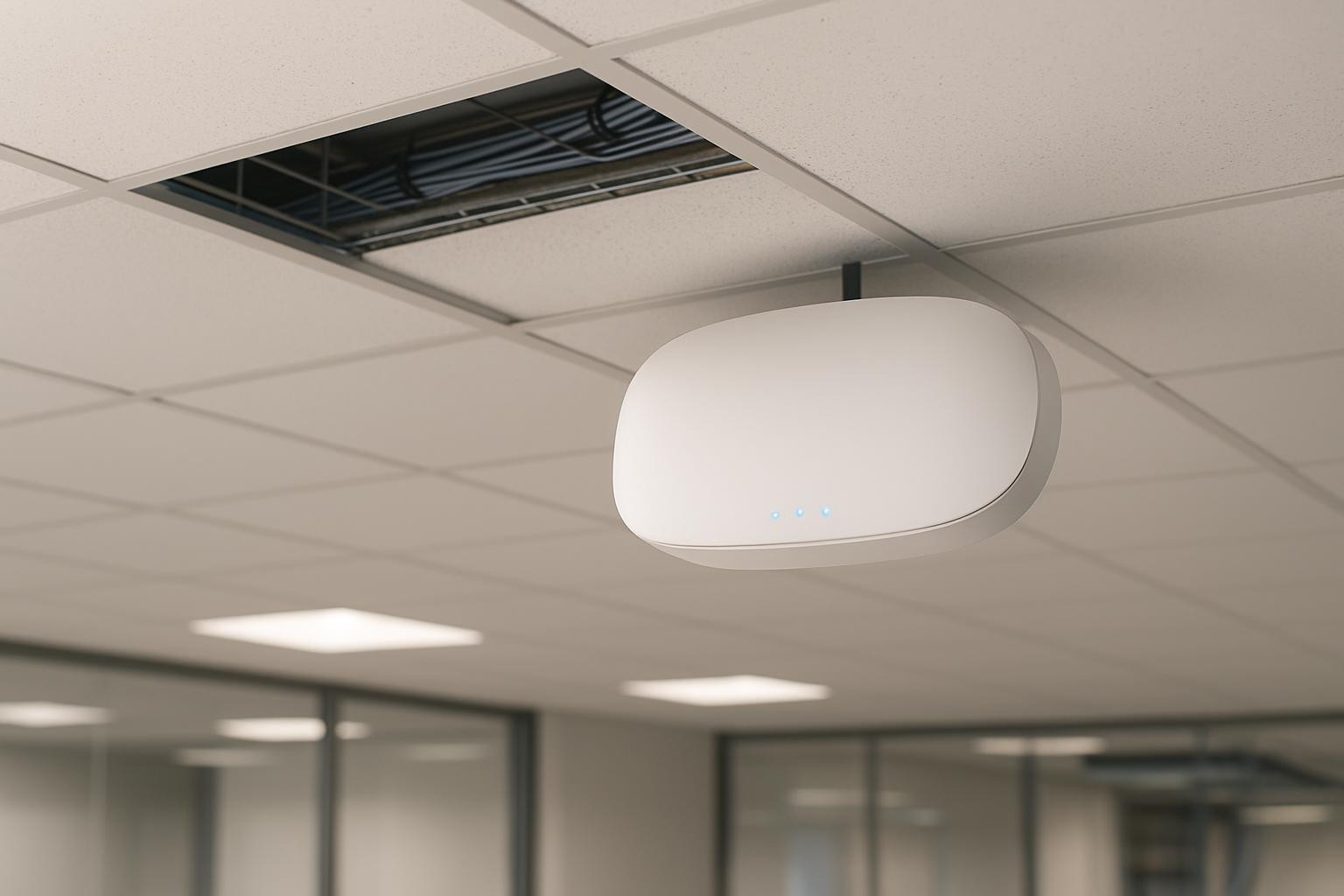 An enterprise-grade Wi-Fi networking scene in a commercial space, featuring a sleek white ceiling-mounted wireless access point with subtle status LEDs glowing soft blue. Low-voltage cabling is discretely routed through a tidy cable tray above a suspended acoustic tile ceiling, partially visible through an open service panel. Neutral, diffused overhead lighting creates a calm, balanced environment with minimal shadows. Captured from a slightly elevated, three-quarter angle, the focus remains on the access point, while the background shows blurred hints of conference room glass walls and structured cabling. The photographic realism and clean composition emphasize robust, invisible connectivity and professional installation quality.